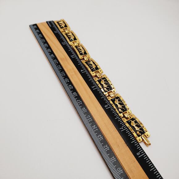 Vintage Black Enamel Gold Tone Animal Link Bracelet 8 Inch Fold Over Clasp - Picture 8 of 9